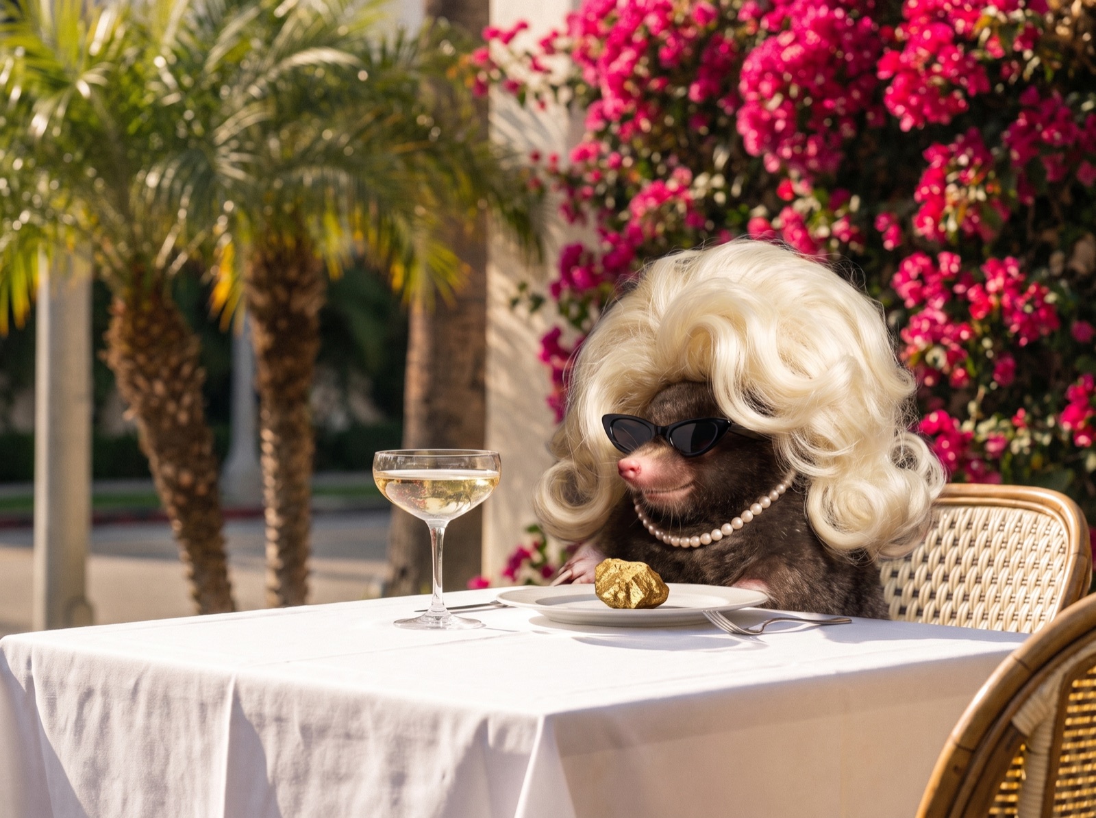 Candid telephoto photo of the mole at a sunlit terrace brunch, champagne coupe in front of her, a gold nugget on her plate instead of food.