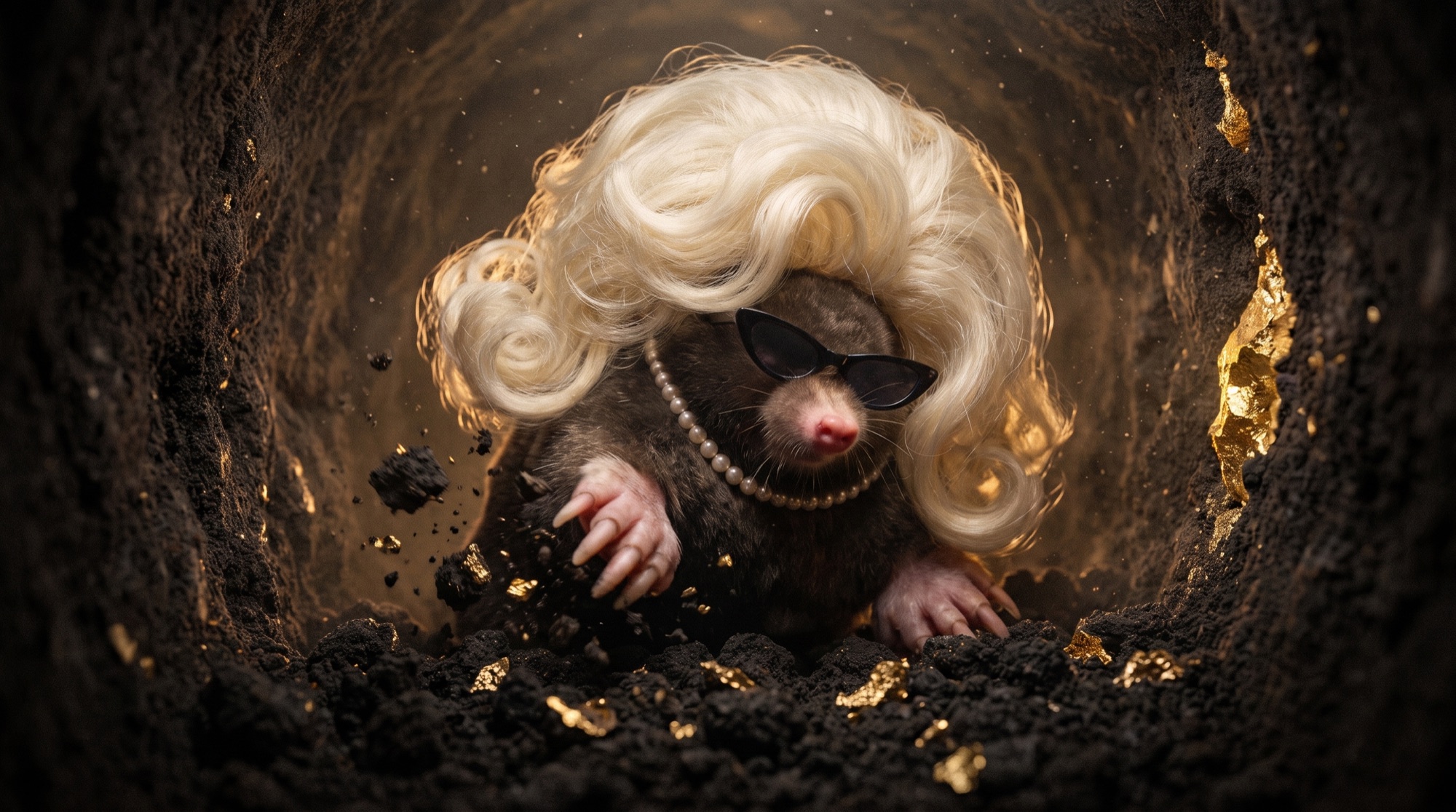 Low-angle photo from inside a tunnel of the mole digging furiously, dirt and gold flakes flying toward the camera, wig blown back.
