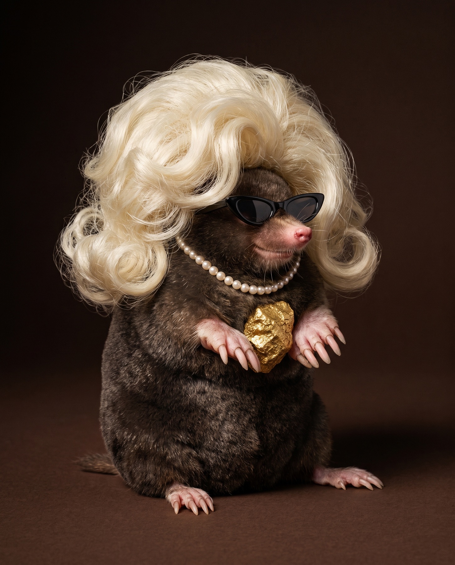 A European mole wearing an oversized platinum-blonde wig, pearls and tiny black sunglasses, clutching a gold nugget to her chest, photographed like a magazine cover.