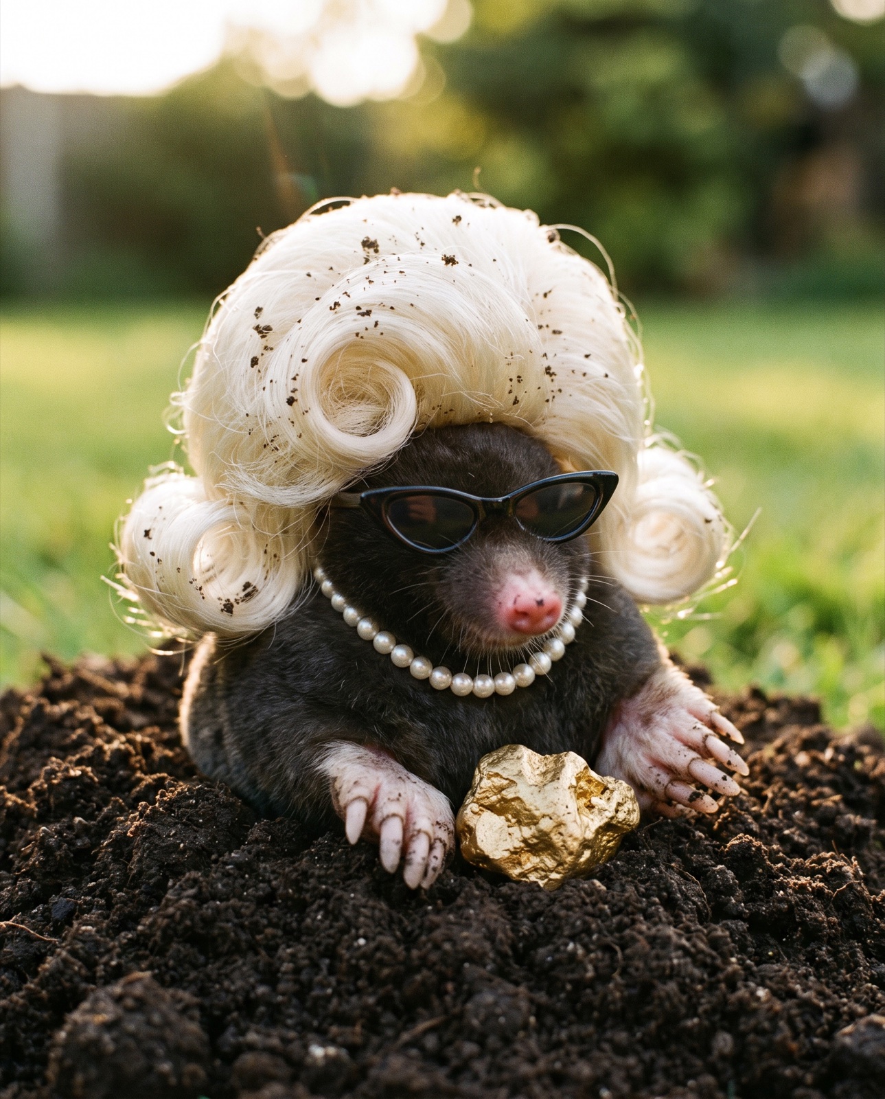 Golden-hour photo of the mole surfacing from a fresh molehill in a garden, dirt in her blonde wig, a gold nugget between her paws.