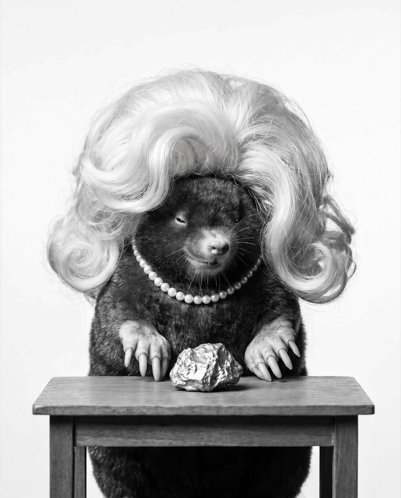 Black-and-white studio portrait of the mole in her blonde wig and pearls, looking down at the camera with quiet contempt, one gold nugget on the table in front of her.