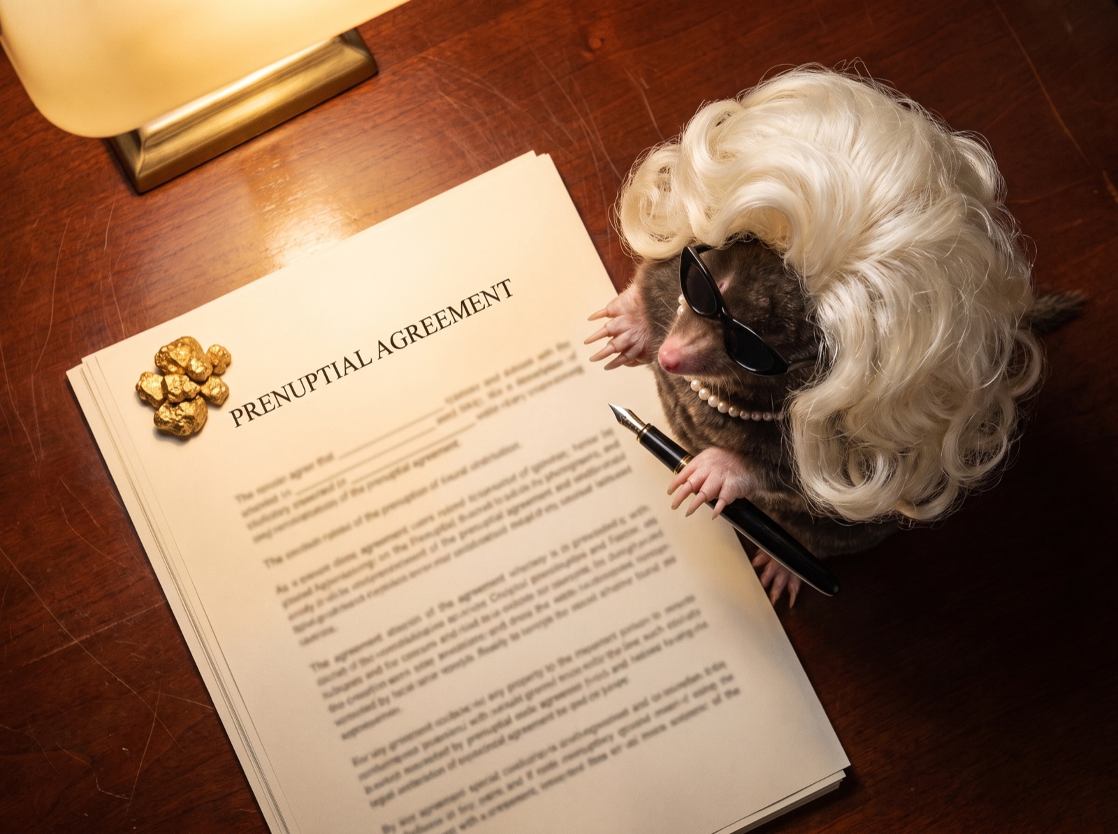 Overhead photo of the mole in her wig sitting beside a legal document on a mahogany desk, a fountain pen in her claw and gold nuggets used as a paperweight.