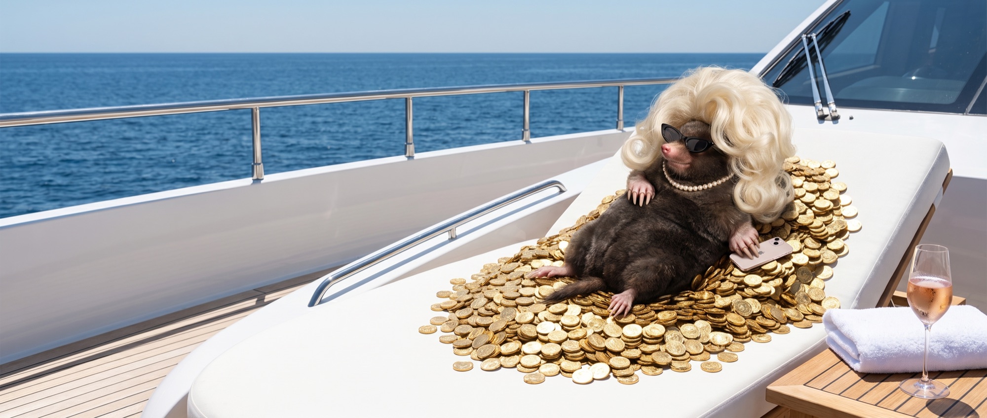 Wide photo of the mole reclining on a heap of gold coins on a superyacht sun deck, sunglasses on, sea behind her.